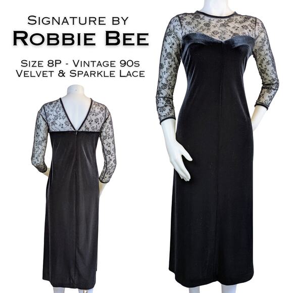 VTG 90s Robbie Bee Maxi Dress Gown 8P Black Velvet Sparkle Sheer Lace Event - Picture 1 of 10